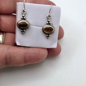 Vintage Sterling Silver Tiger Eye Earrings Oval Cabochon Gemstone